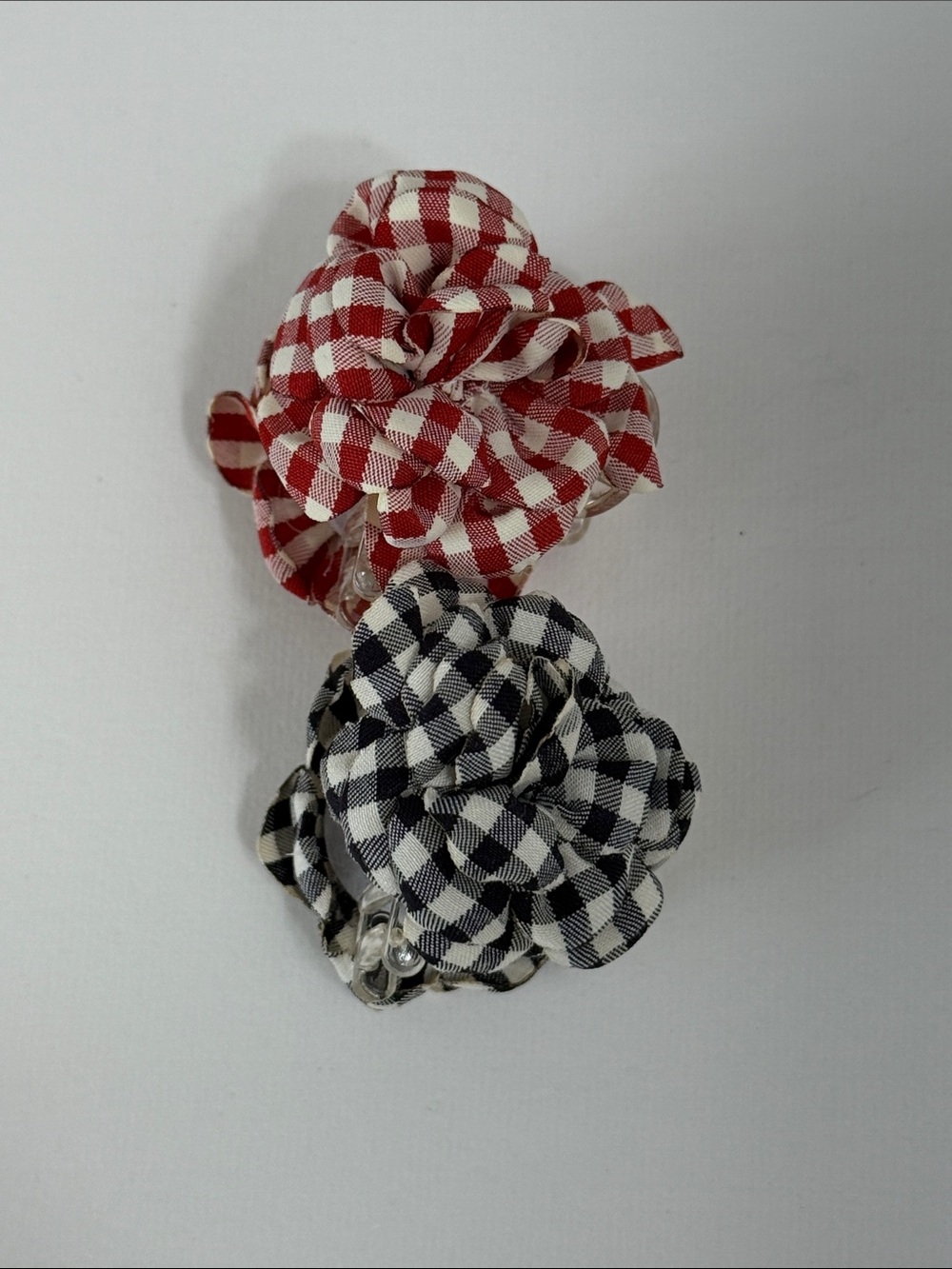 Gingham Fabric Flower Hair Clips - Red & Black
